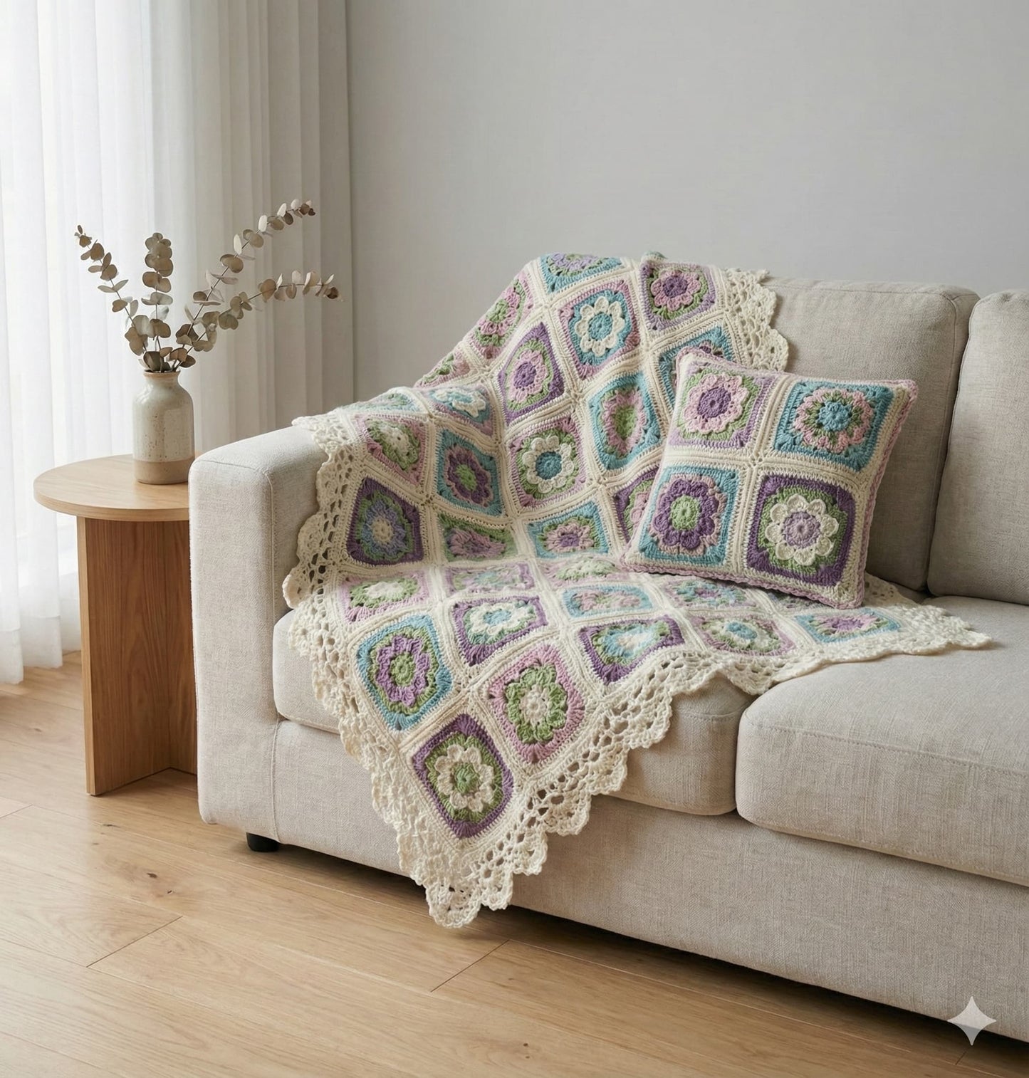 Cream Sofa Set with Floral Motifs