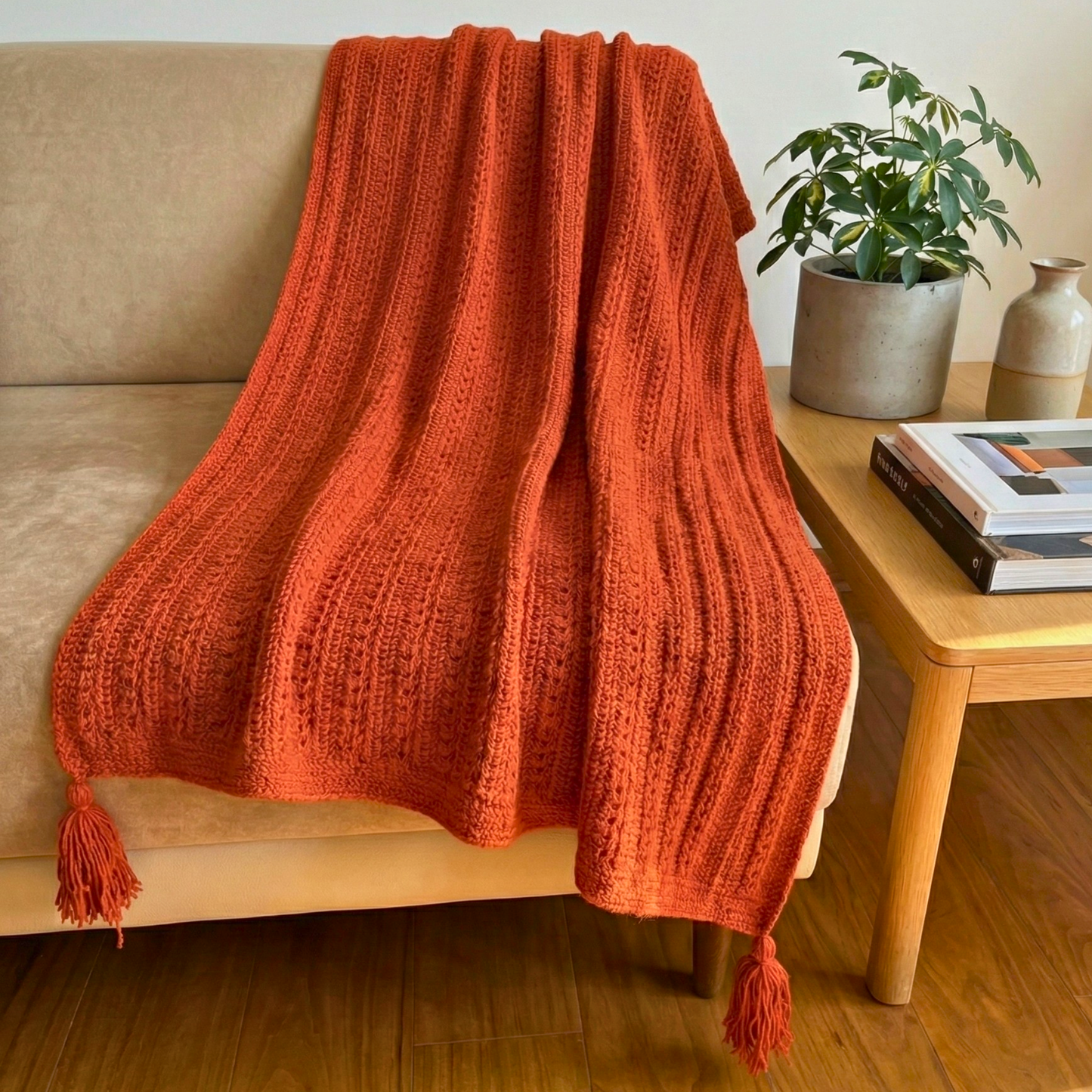 Hand Knitted Brick Colored Sofa Shawl