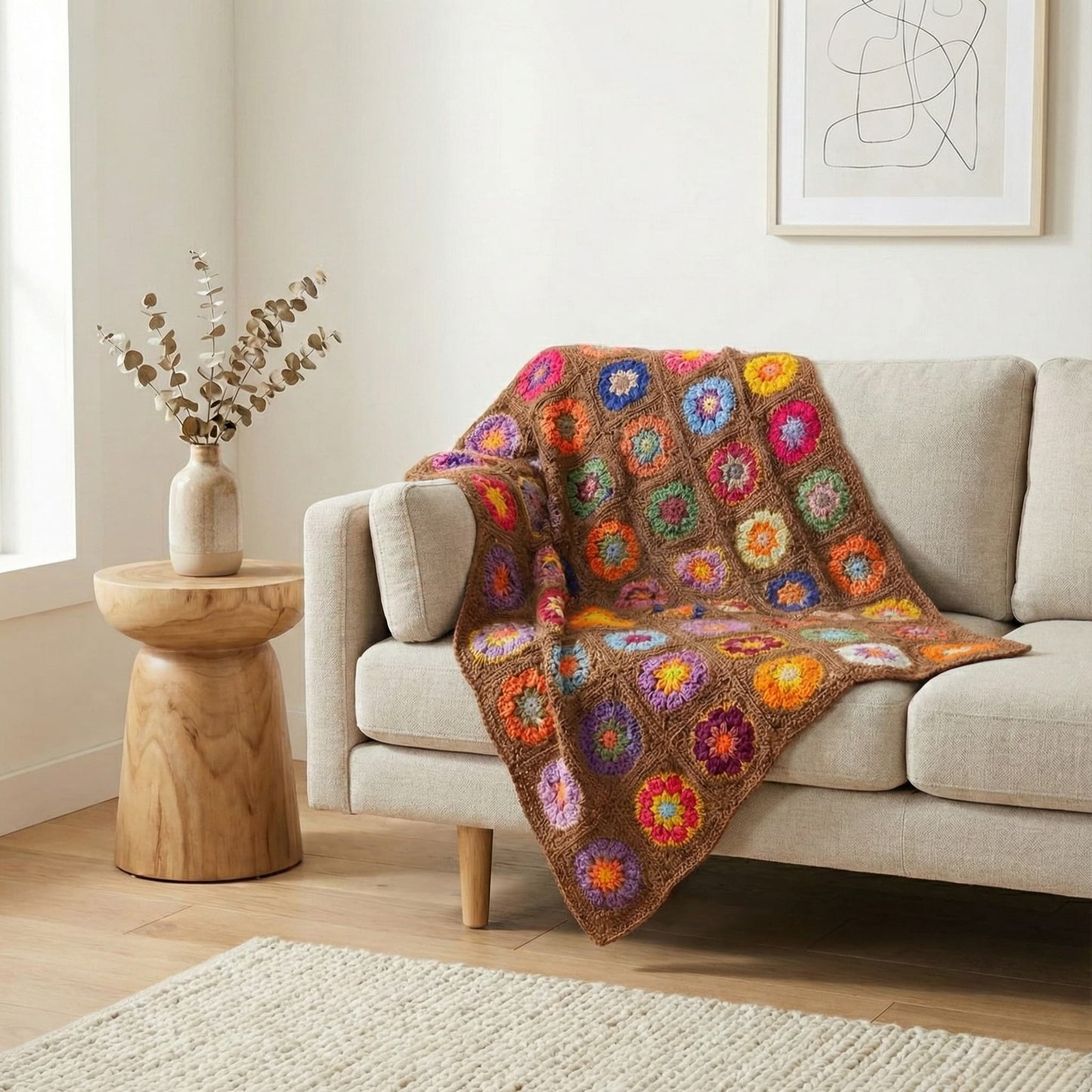 Brown Motif Hand Knitted Sofa Shawl (Granny Square)