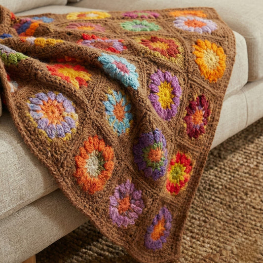 Brown Motif Hand Knitted Sofa Shawl (Granny Square)