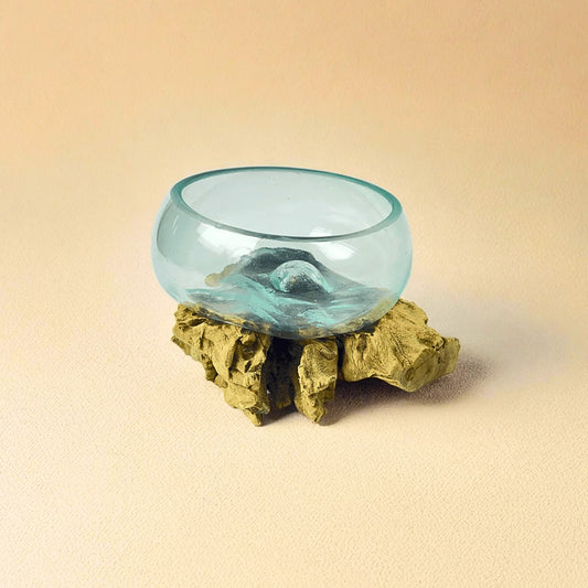 Glass Bowl with Teak Wood Base