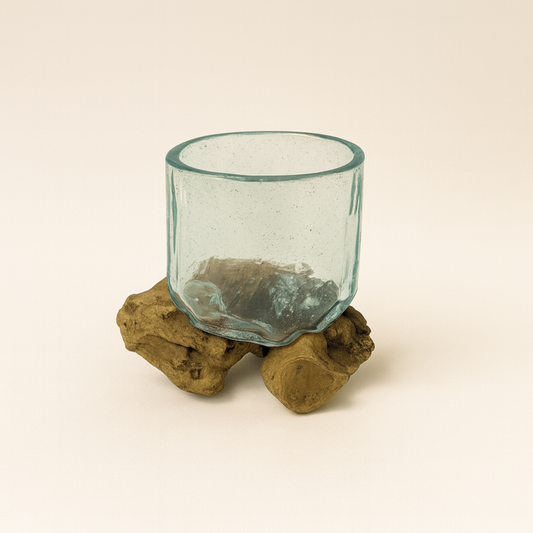 Glass Vase with Teak Wood Base