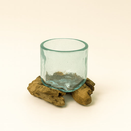 Teak Ağacı Tabanlı Cam Vazo