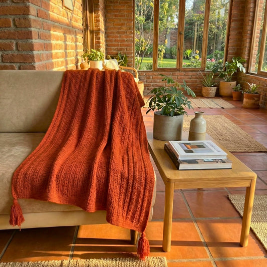 Hand Knitted Brick Colored Sofa Shawl