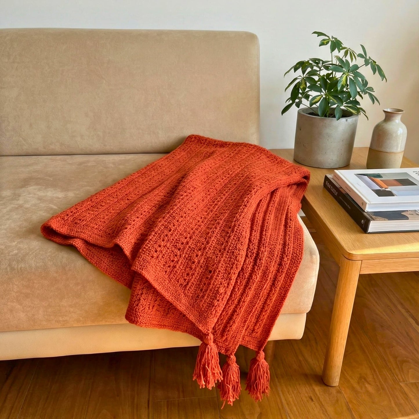 Hand Knitted Brick Colored Sofa Shawl