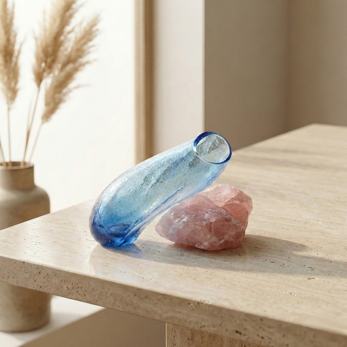 Pembe Kuvars Mavi Cam Vazo