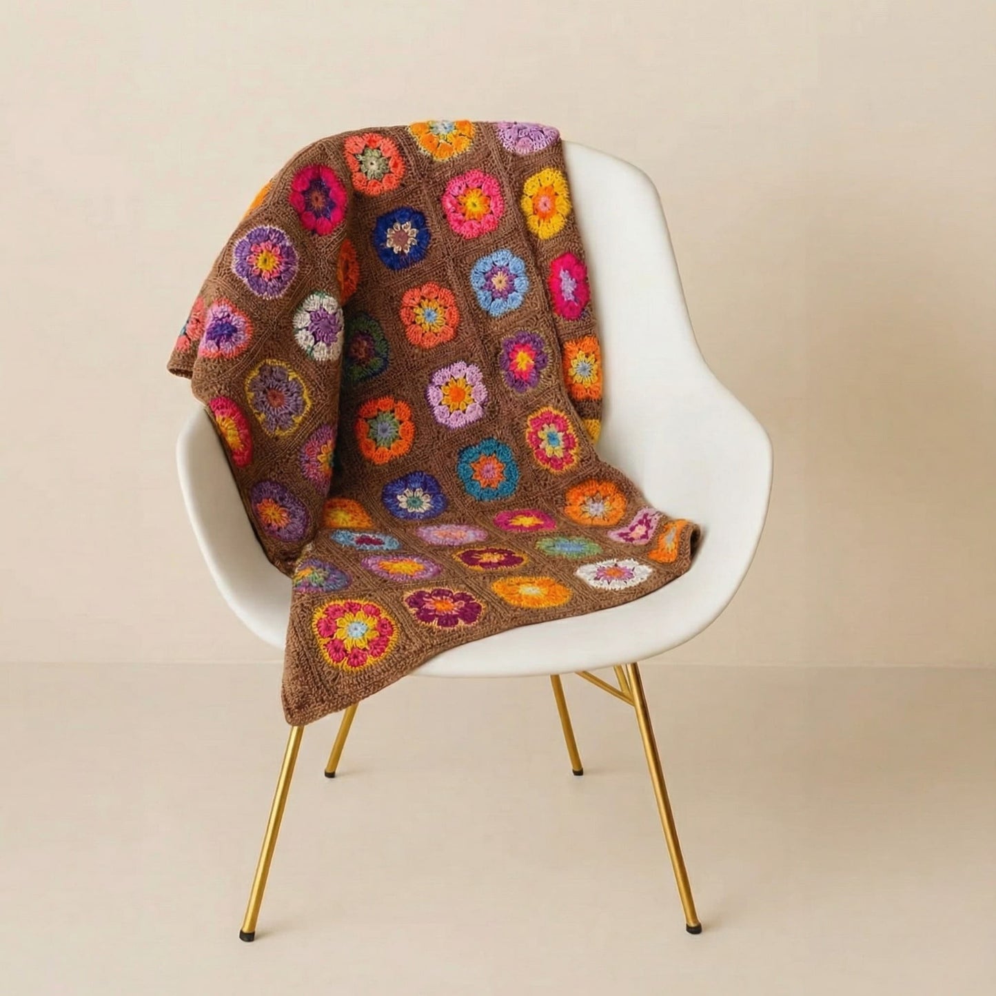 Brown Motif Hand Knitted Sofa Shawl (Granny Square)